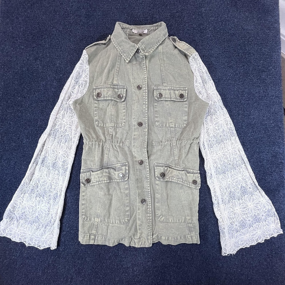 Gimmicks Jacket Womens XS Green Utility Boho Lace Bell Sleeve Button Up Military